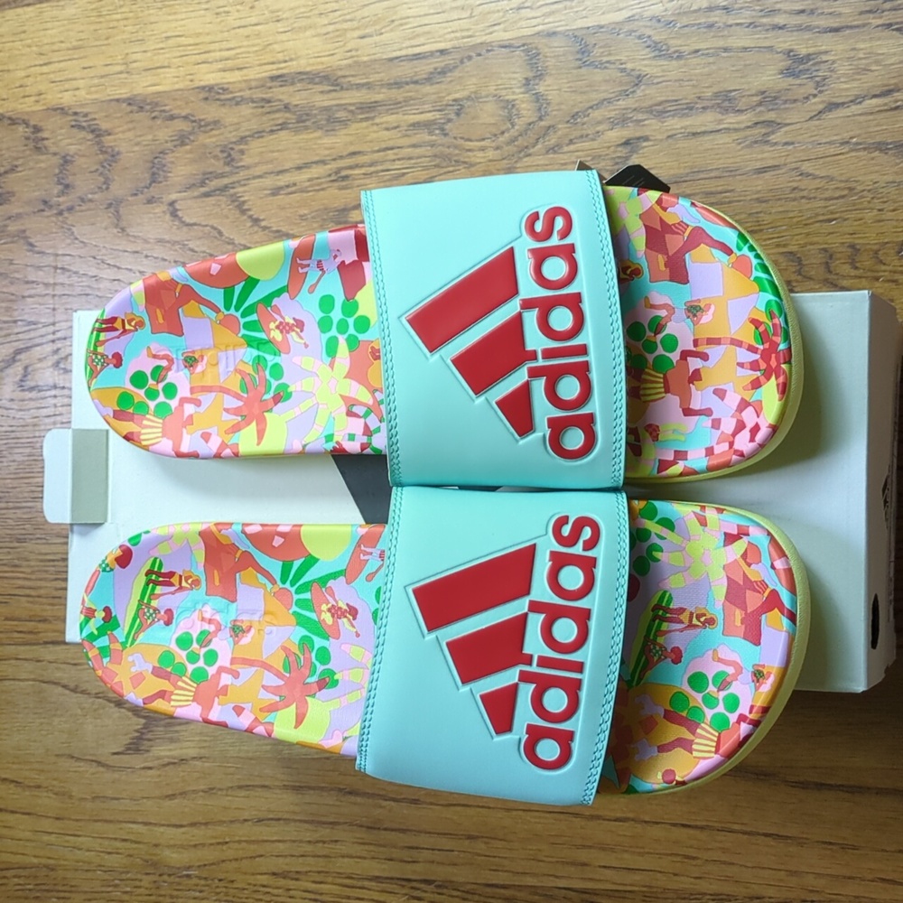 NIB FARM Rio Slide Sandals Adidas Collaboration Women's Size 10 Blue Beach Print - Picture 4 of 14